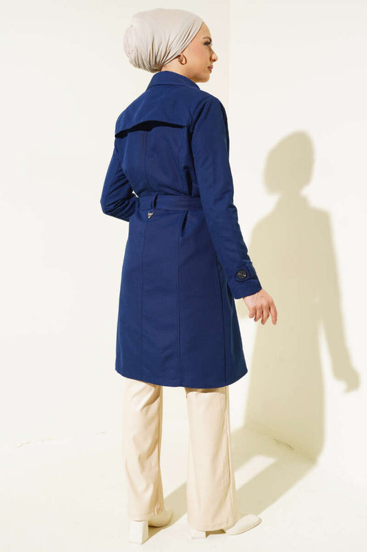 Buttoned Belted Carboy Trench Coat Navy Blue