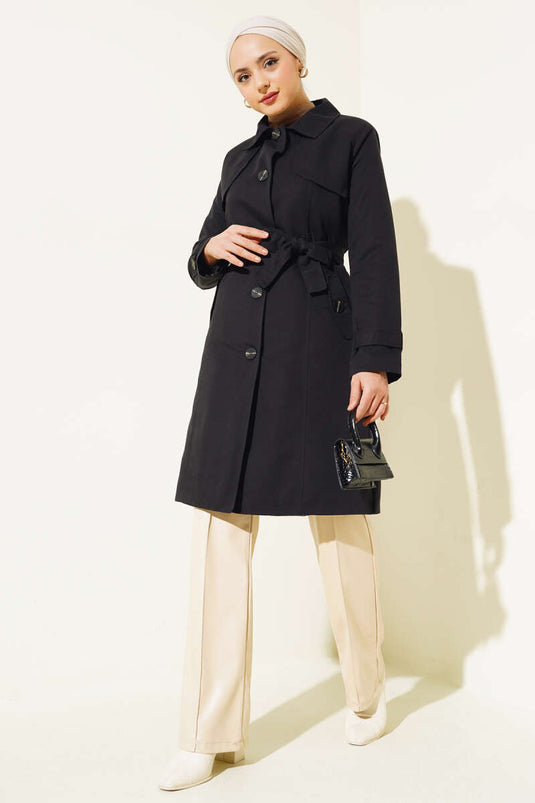 Buttoned Belted Carboy Trench Coat Black