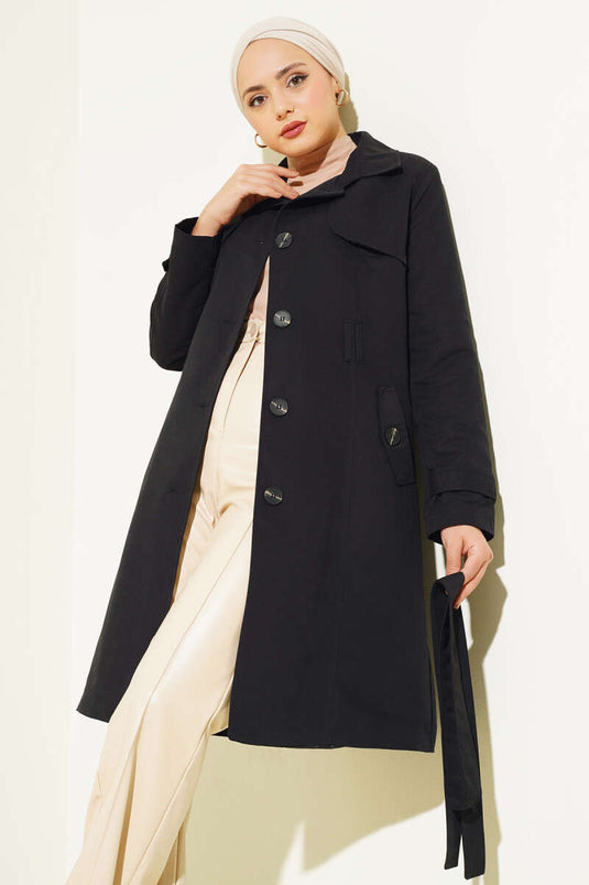 Buttoned Belted Carboy Trench Coat Black