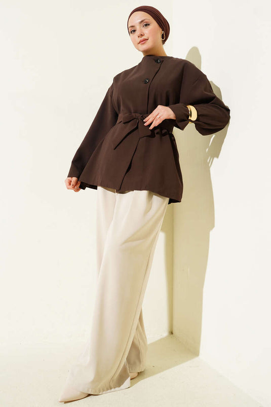 Buttoned Belted Basic Jacket Brown