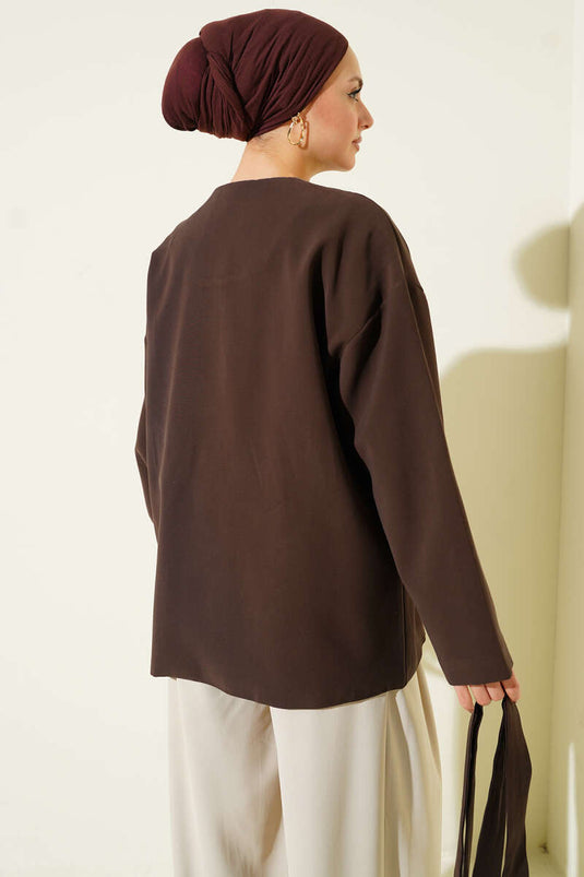 Buttoned Belted Basic Jacket Brown