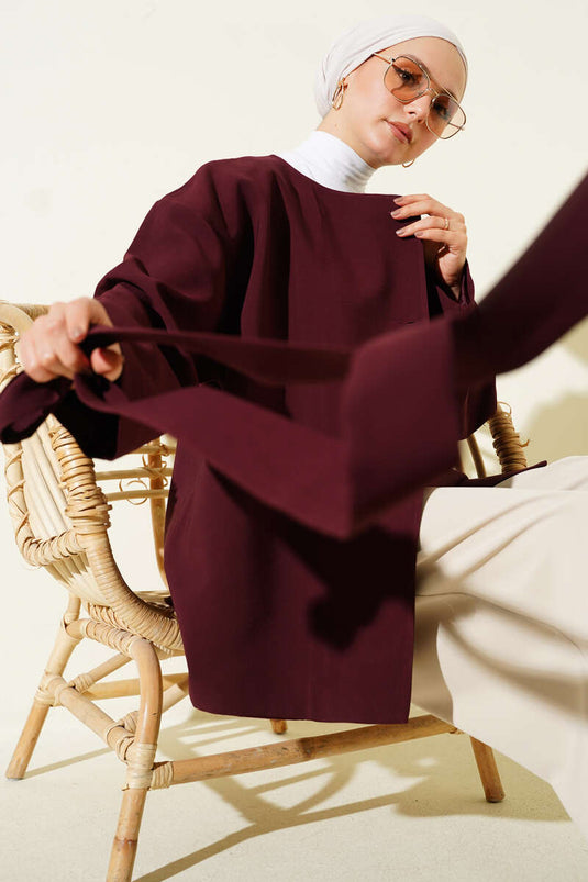 Buttoned Belted Basic Jacket Plum