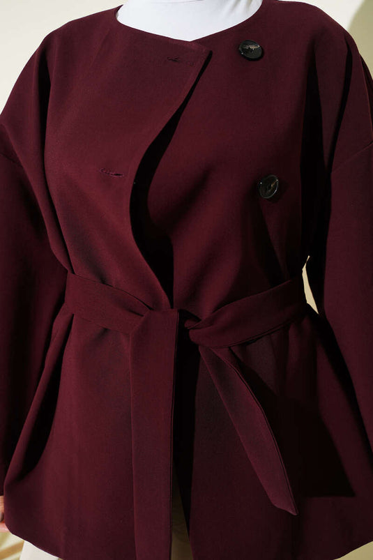 Buttoned Belted Basic Jacket Plum