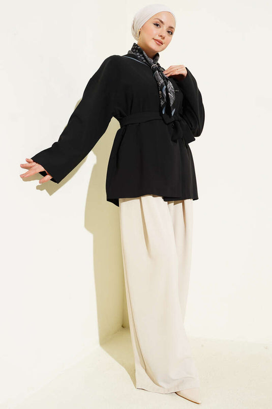 Buttoned Belted Basic Jacket Black