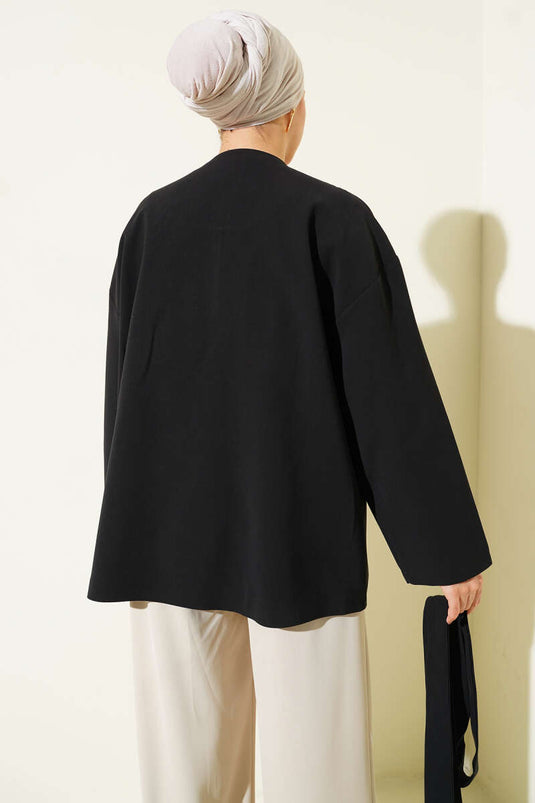 Buttoned Belted Basic Jacket Black