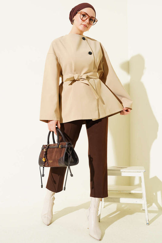 Buttoned Belted Basic Jacket Stone