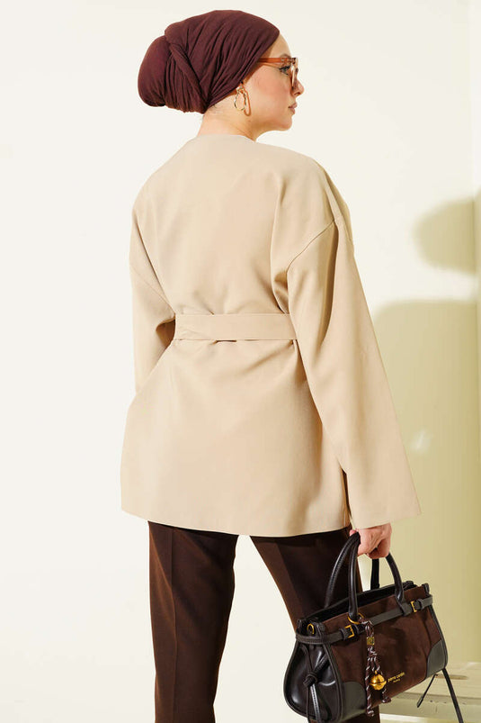Buttoned Belted Basic Jacket Stone
