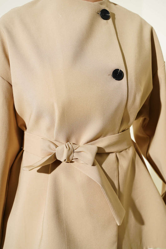 Buttoned Belted Basic Jacket Stone