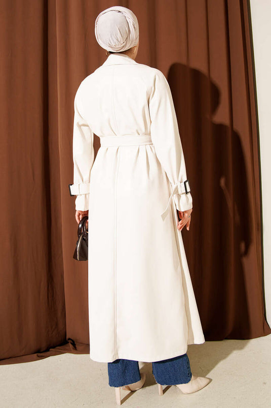 معطف ترنش من الجلد مزود بأزرار وحزام بلون البيج الفاتح