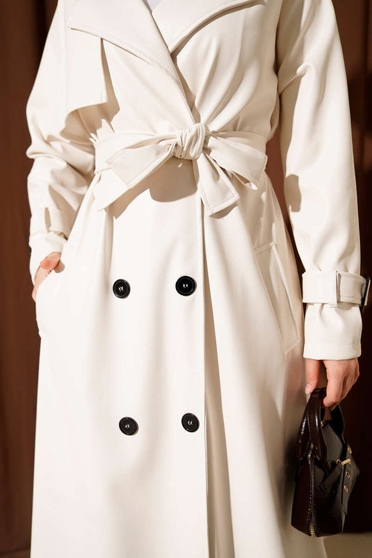 Buttoned Belted Leather Trench Coat Ecru