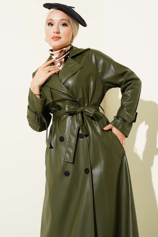 Buttoned Belted Leather Trench Coat Khaki