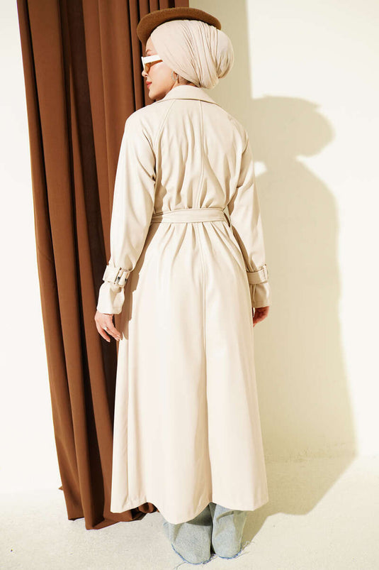 Trench En Cuir Crème À Boutons Et Ceinture