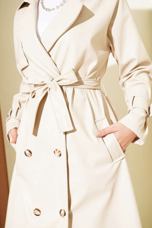 Trench En Cuir Crème À Boutons Et Ceinture