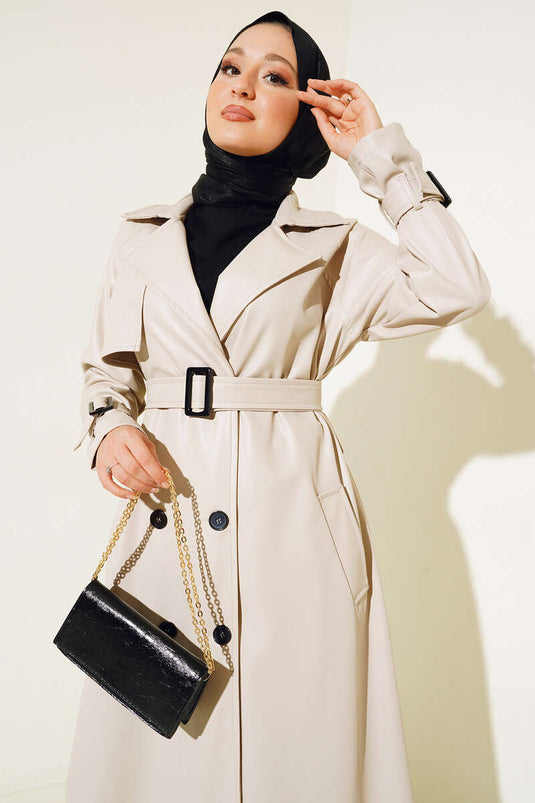 Buttoned Belted Leather Trench Coat Cream