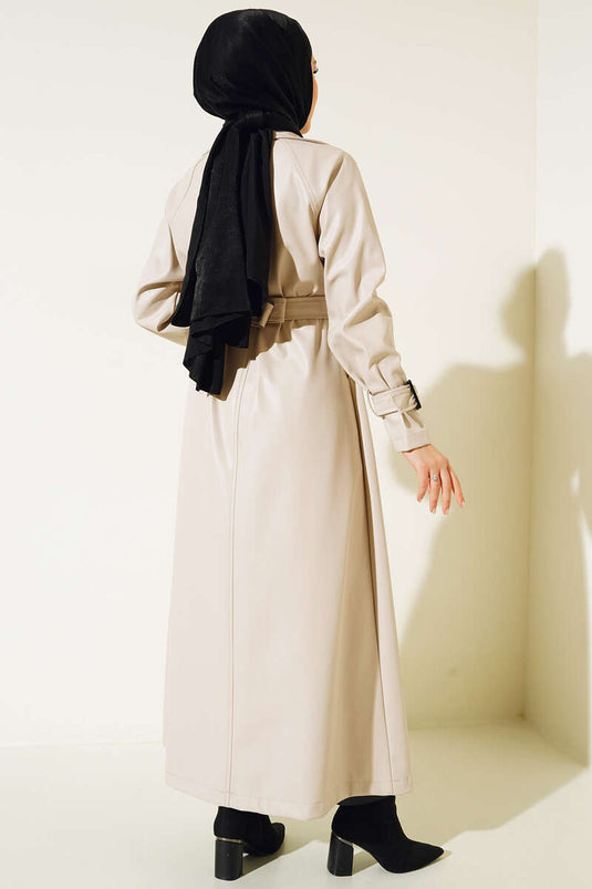 Buttoned Belted Leather Trench Coat Cream