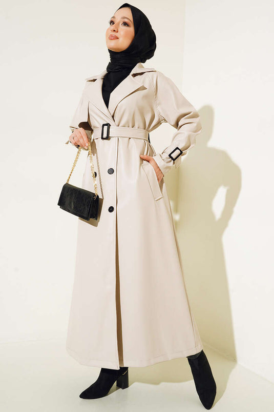 Buttoned Belted Leather Trench Coat Cream