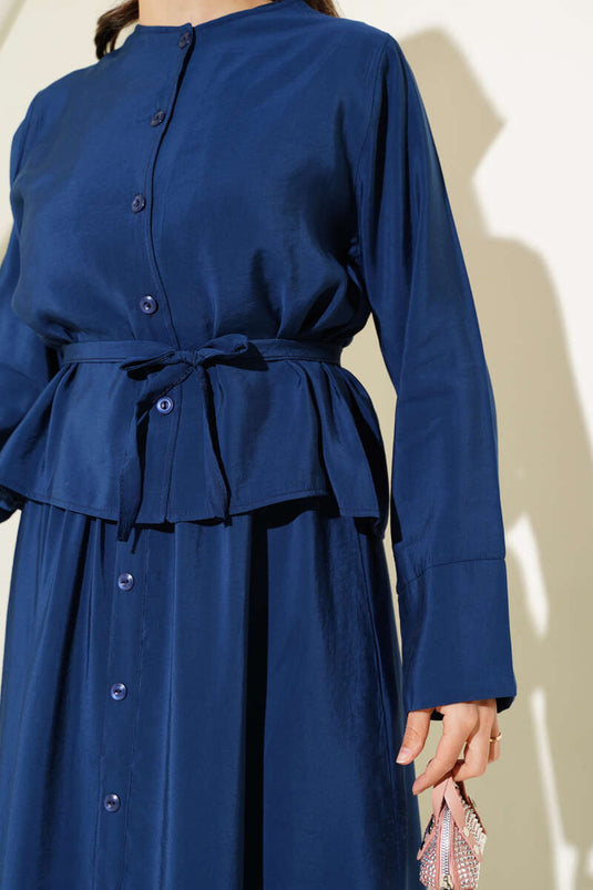 Buttoned Belted Vest Two Piece Suit Navy Blue