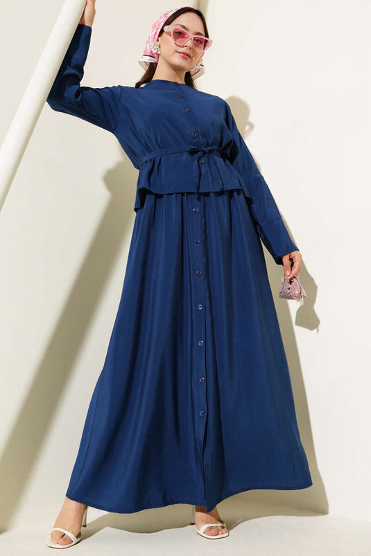 Buttoned Belted Vest Two Piece Suit Navy Blue