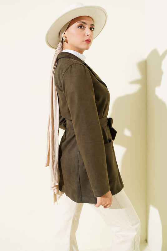 Düğmeli Kuşaklı Süet Ceket Haki