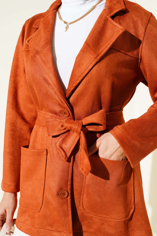 Düğmeli Kuşaklı Süet Ceket Kiremit