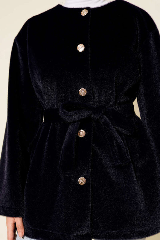 سترة ريش تايلاندية بأزرار وحزام باللون الأزرق الداكن