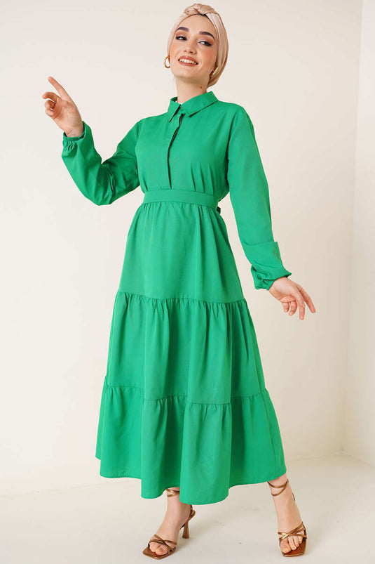 Robe Terikoton Ceinturée Boutonnée Vert