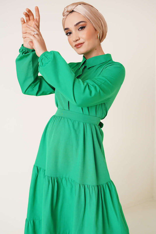 Robe Terikoton Ceinturée Boutonnée Vert