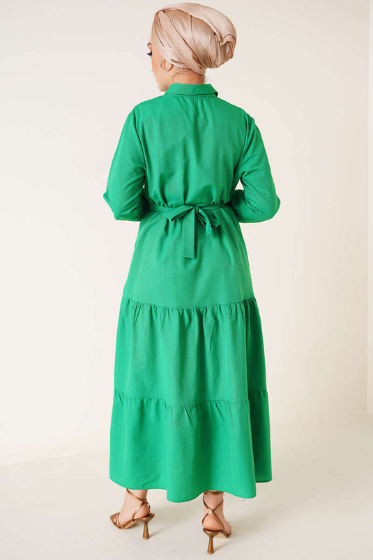 Robe Terikoton Ceinturée Boutonnée Vert