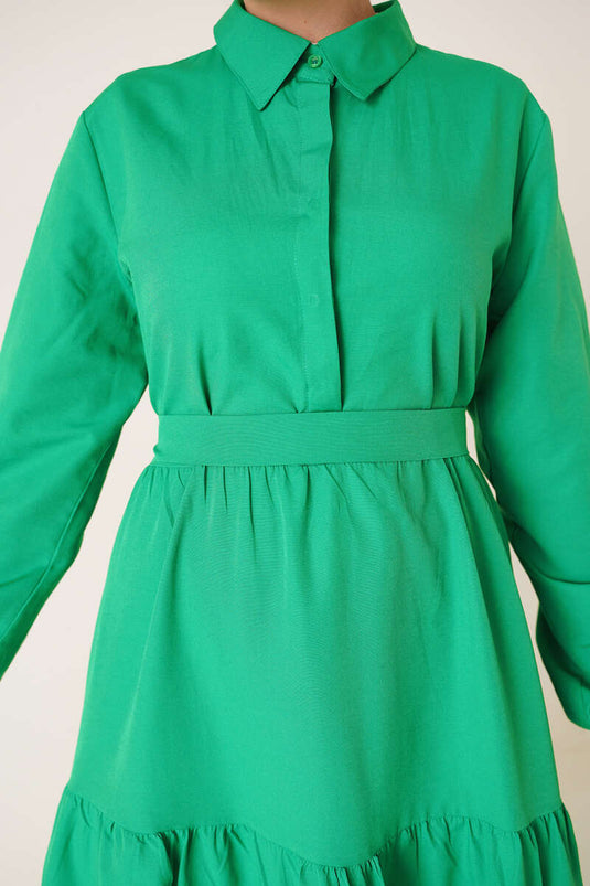 Robe Terikoton Ceinturée Boutonnée Vert