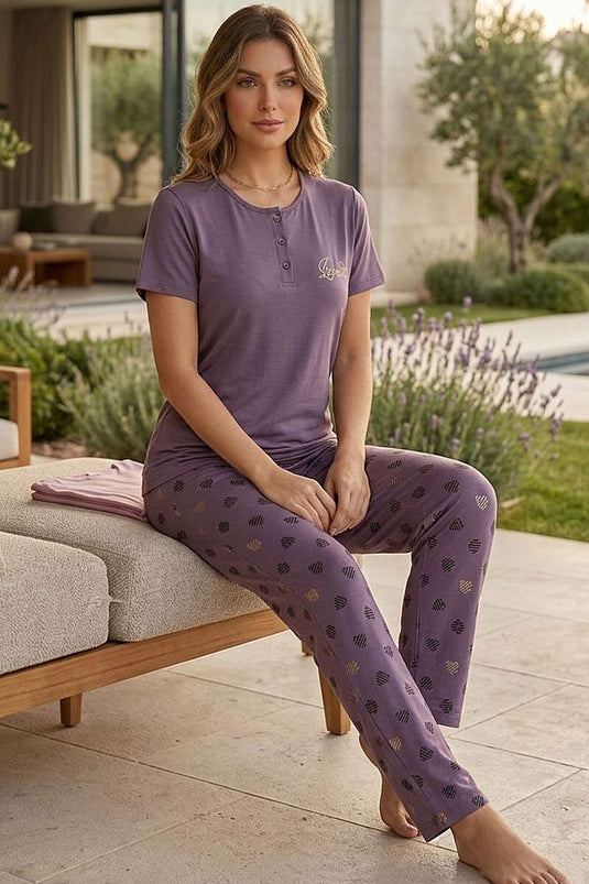 Düğmeli Love Nakışlı Pijama Takımı Leylak