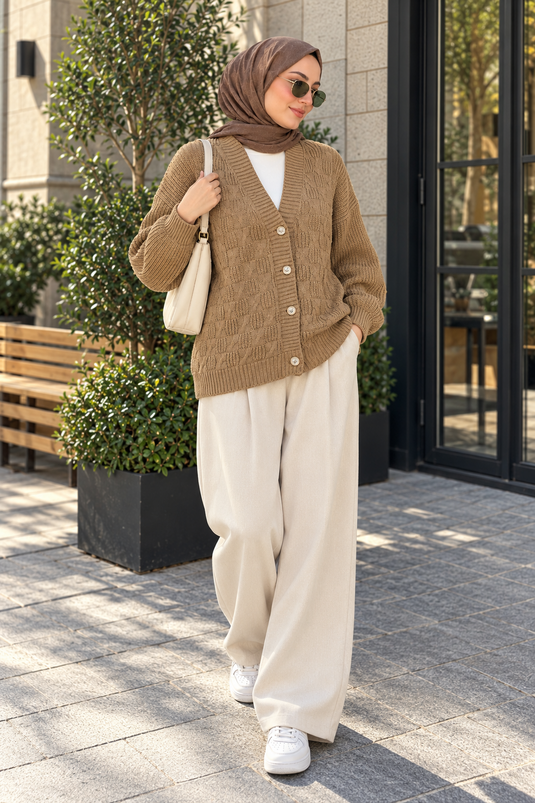Düğmeli Örgü Desenli Triko Hırka Camel