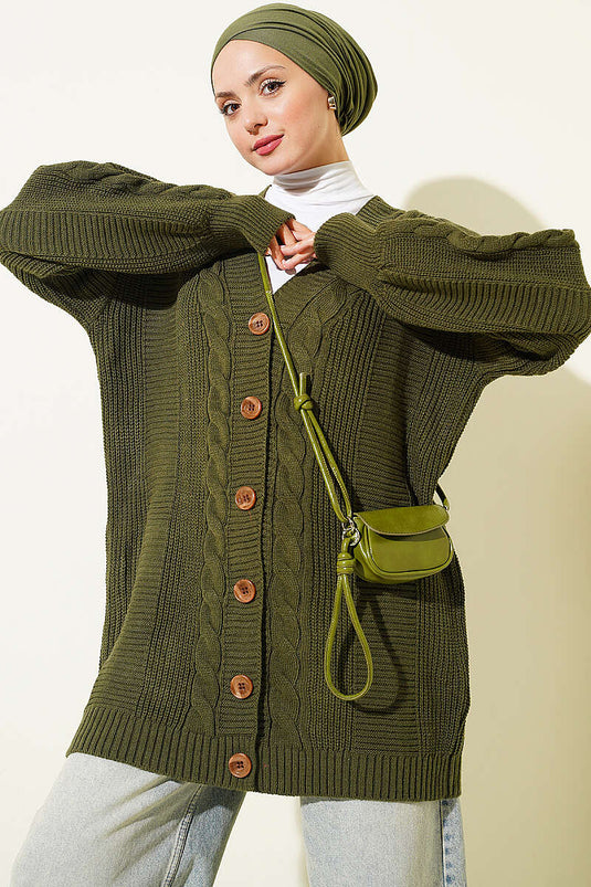 Gestrickte Knopfleiste Cardigan Mit Struktur Details In Khaki