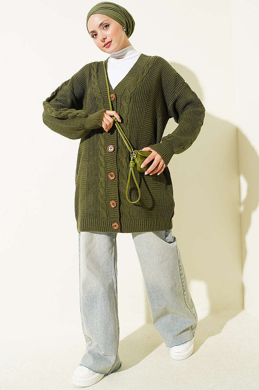 Gestrickte Knopfleiste Cardigan Mit Struktur Details In Khaki