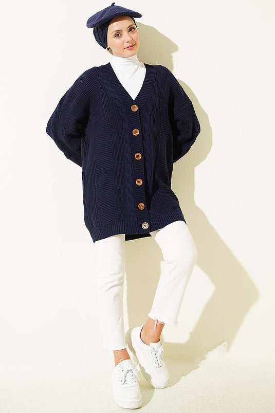 Knitted Cardigan Mit Knöpfen Und Strukturdetails In Marineblau