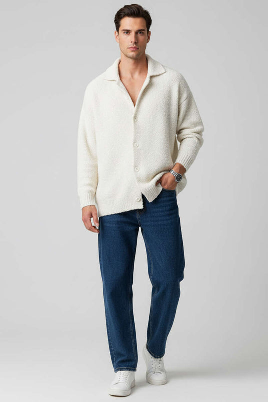 Veste homme boutonnée en maille œil d'agneau couleur os