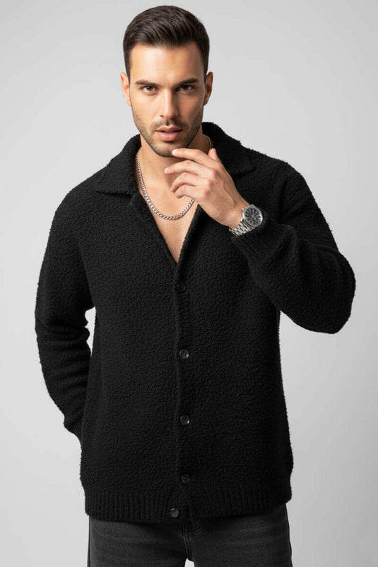 Buttoned Knitted Men's Lambscoat, Black