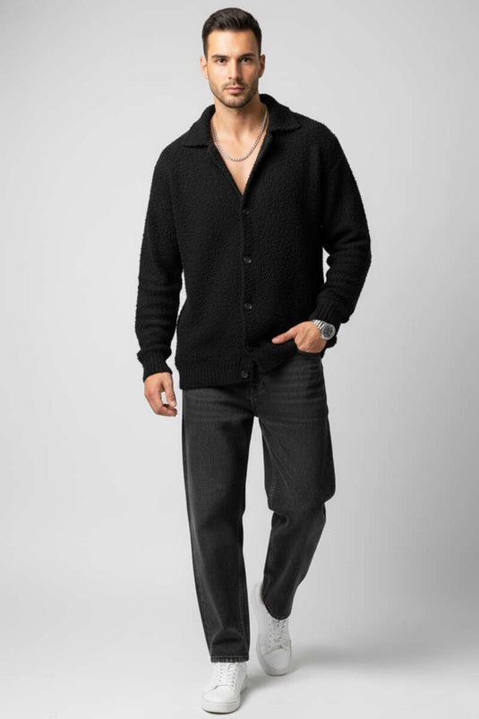 Buttoned Knitted Men's Lambscoat, Black
