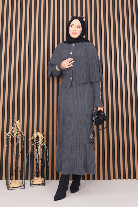 Buttoned Cape & Knitted Dress Hijab Two Piece Suit Gray