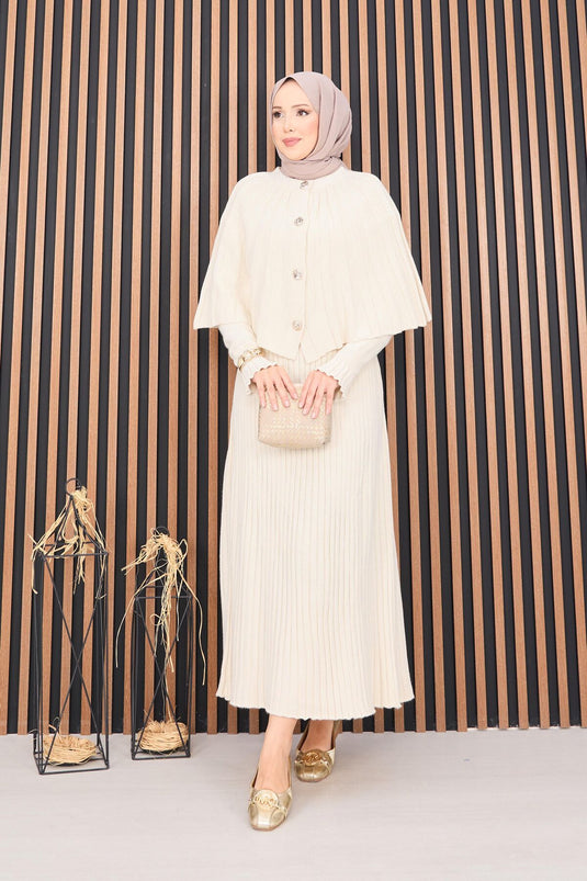 طقم حجاب مكون من قطعتين، رداء بأزرار وفستان محبوك، كريمي