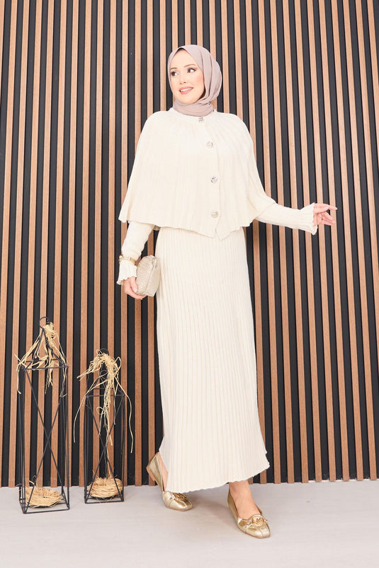 طقم حجاب مكون من قطعتين، رداء بأزرار وفستان محبوك، كريمي