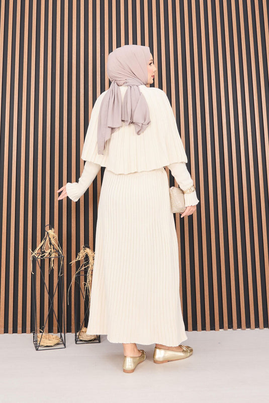 طقم حجاب مكون من قطعتين، رداء بأزرار وفستان محبوك، كريمي