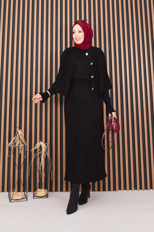 Buttoned Cape & Knitted Dress Hijab Two Piece Suit Black