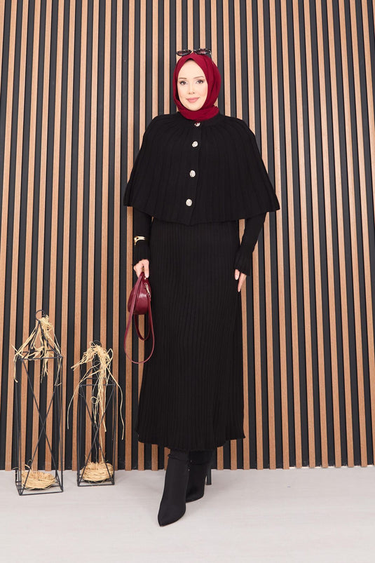 Buttoned Cape & Knitted Dress Hijab Two Piece Suit Black