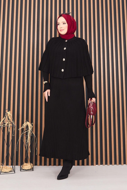 Buttoned Cape & Knitted Dress Hijab Two Piece Suit Black