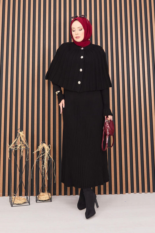 Buttoned Cape & Knitted Dress Hijab Two Piece Suit Black
