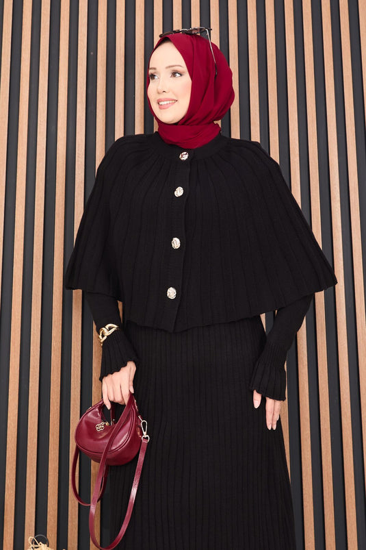 Cape boutonnée et robe tricotée avec hijab, ensemble deux pièces noir