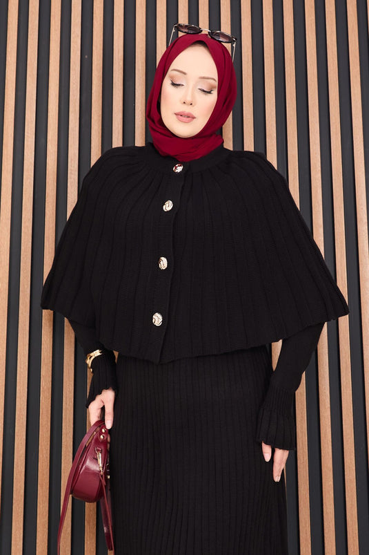 Buttoned Cape & Knitted Dress Hijab Two Piece Suit Black