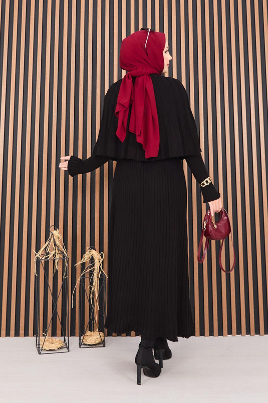 Buttoned Cape & Knitted Dress Hijab Two Piece Suit Black