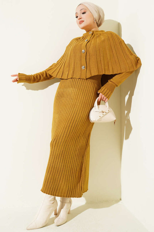 طقم فستان كاب محبوك بأزرار، لون خردلي