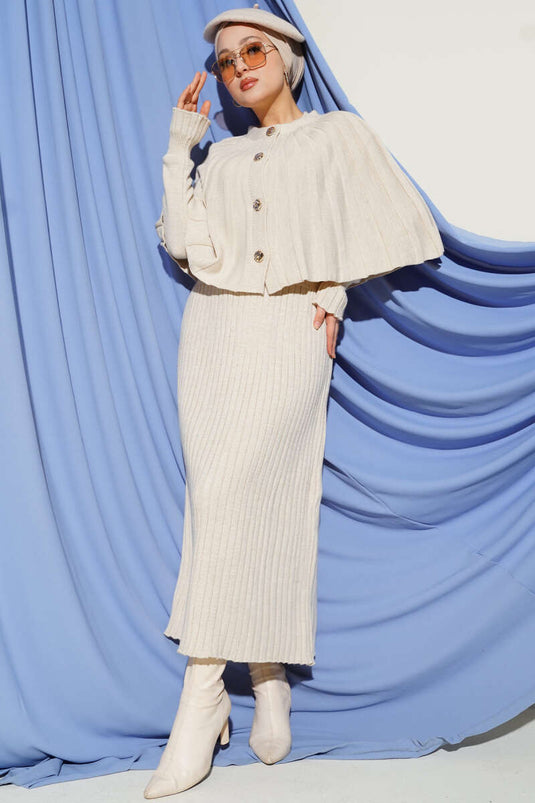 طقم فستان محبوك بأزرار بلون حجري